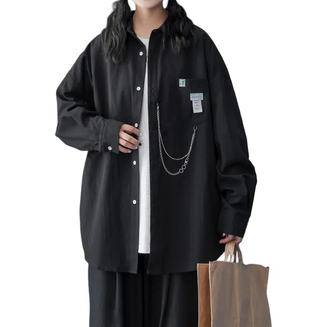 颂希尔 美式高街链子挂坠高级感长袖衬衣春秋潮流百搭设计感衬衫 男女同款