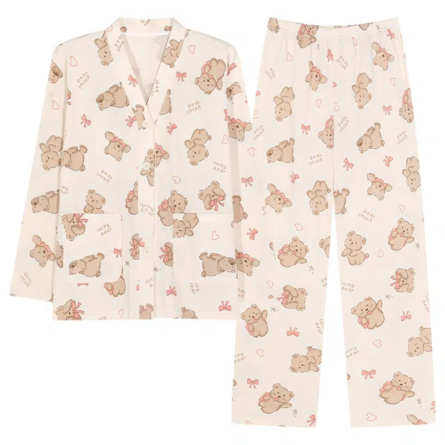 芬腾可安 春秋亲肤可外穿一体式带胸垫和服领开衫家居服睡衣套装 女款