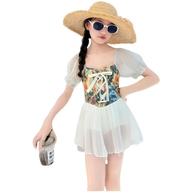 木木兔 夏季时髦洋气时尚女孩中大童初中生游泳学生少女网纱碎花泳装泳衣裤