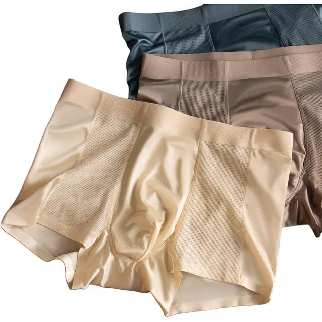 潞优野 轻奢缎面网孔冰丝空调裤桑蚕丝抑菌内裆裸感亲肤无痕透气舒适高级感 平角内裤 男款