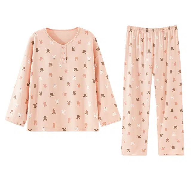 俏霓桐 春秋可爱百搭小兔子休闲甜美简约少女风带胸垫家居服可外穿睡衣套装 女款