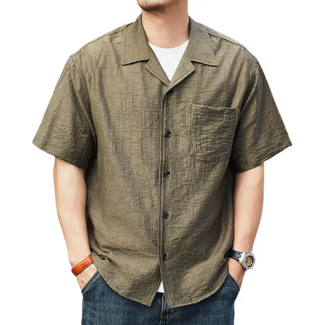 格蓝鹿 夏季 美式复古薄款透气男士短袖纽扣式设计古巴领褶皱感拼接式纯色休闲日常出行穿搭半袖衬衫 宽松 男女同款