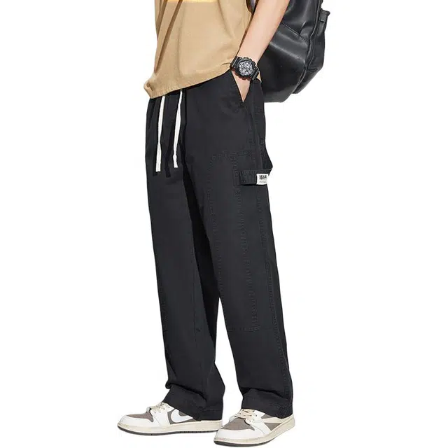 协协乐 高街纯棉设计感工装裤春秋款机能风美式潮牌宽松直筒阔腿拖地裤百搭运动长裤休闲裤 男款