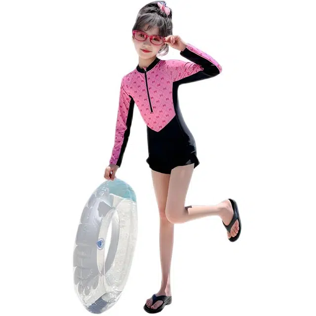 木木兔 夏季时髦洋气时尚女孩中大童初中生游泳学生少女连体长袖泳装泳衣裤 儿童款