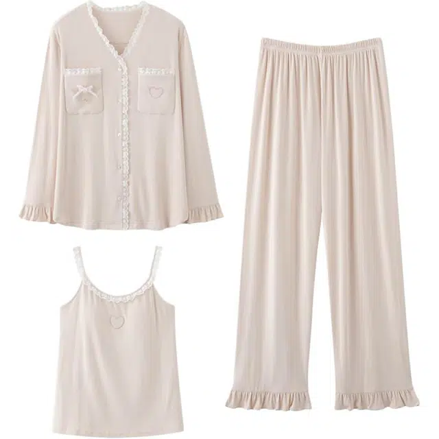 俏佳人 纯欲风蕾丝拼接高级感小吊带外套长裤三件套带胸垫亲肤舒适可外穿家居服睡衣套装 女款