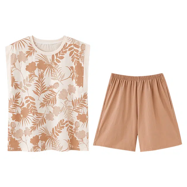 向薇 女夏季带胸垫一体纯棉可外穿无袖短裤大码女士家居服睡衣套装 女款