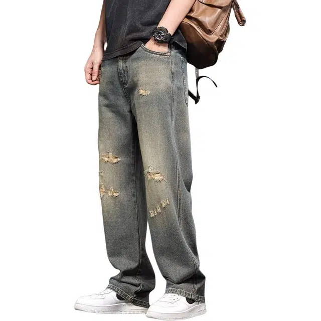 潮人榜 美式潮牌复古宽松直筒潮牌百搭阔腿牛仔裤 男女同款