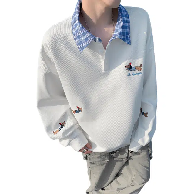 颂希尔 美式高街腊肠狗刺绣翻领假两件长袖上衣宽松休闲华夫格卫衣 男女同款