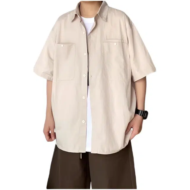 木木兔 夏季日系复古纯色简约宽松休闲百搭工装衬衣外套短袖衬衫 男款