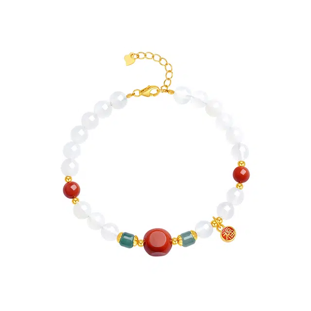 周大生 【炽雪无瑕】相思豆福牌玉 新中式国潮小众时尚女神百搭转运珠 招财吉祥好运满满 好运 玉髓 手串 女款