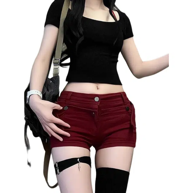 囍鱼少女 辣妹工装紧身低腰性感显瘦直筒提臀热裤牛仔短裤 女款