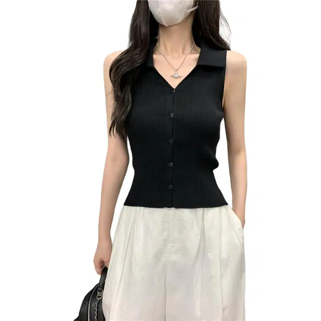 缪斯的诱惑 夏季法式翻领纯色韩版冰丝无袖开衫欧货宽松针织衫吊带 女款