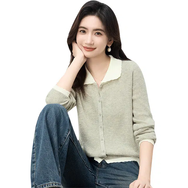 丝柏舍 花边翻领拼色单排扣开衫针织衫 女 灰杏色