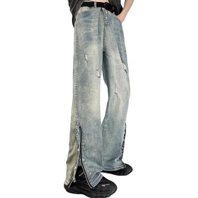 冈哉 美式高街复古个性手工磨破破洞拉链纽扣设计显高显瘦休闲潮流潮牌做旧垂感直筒嘻哈街头痞帅炸街长裤牛仔裤 男女同款