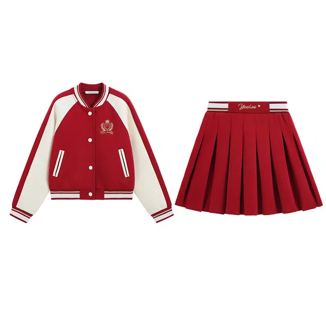 英氏休闲运动套装 舒适学院英伦风徽章棒球服外套百褶裙 儿童款