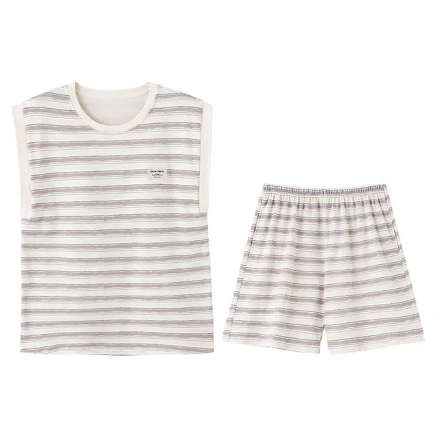 向薇 夏季女士圆领套头带胸垫无袖短裤纯棉家居服可外穿睡衣套装  女款