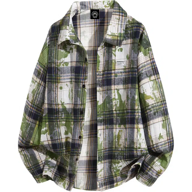 吾皇猫 美式复古做旧扎染小众设计拼色格子休闲宽松舒适百搭翻领开衫长袖衬衫 男女同款