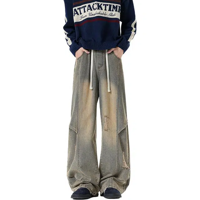 佐菲利 美式复古破洞夏季潮牌痞帅炸街裤子乞丐高裆弯刀微喇裤牛仔裤 男女同款