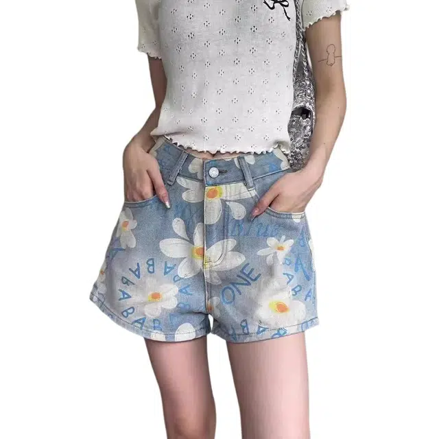 囍鱼少女 美式满印雏菊设计感小众韩系高腰显瘦热裤牛仔短裤 女款