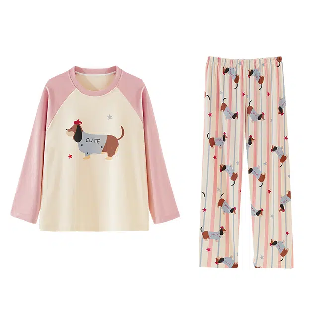 俏霓桐 春秋时尚可爱卡通腊肠狗简约休闲舒适透气带胸垫家居服可外穿睡衣套装 女款