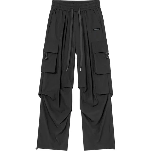 加菲猫 美式高街基础款纯色复古百搭多口袋城市机能简约运动系带抽绳宽松直筒工装裤 男女同款