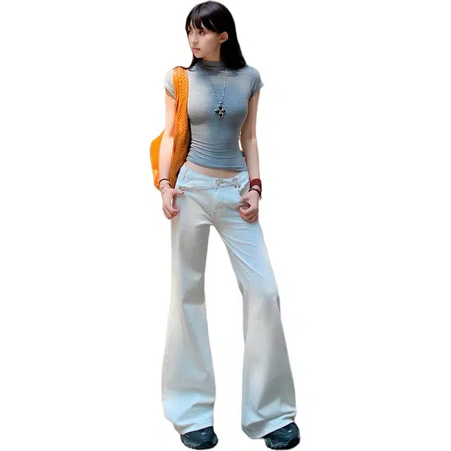 拾籍 美式设计微喇牛仔裤女时尚不规则腰头后翻袋设计百搭显瘦宽松舒适拖地喇叭裤 女款