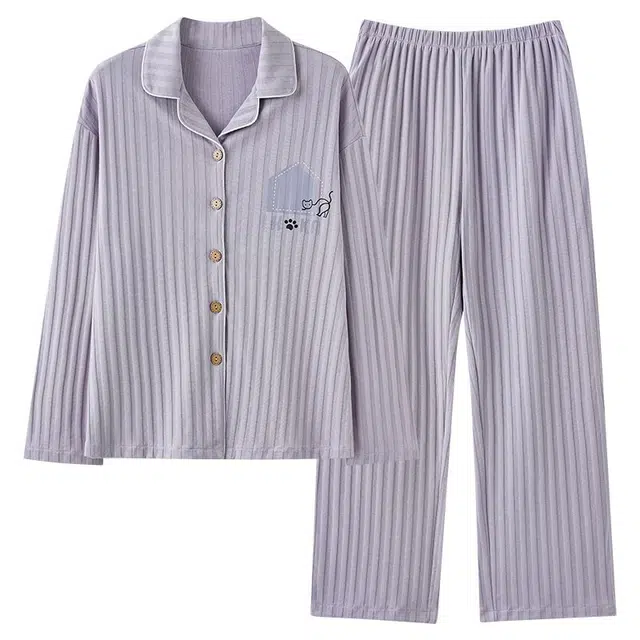 俏韵 翻领春秋季简约条纹长袖开衫甜美可爱休闲风舒适薄款家居服可外穿睡衣套装 女款