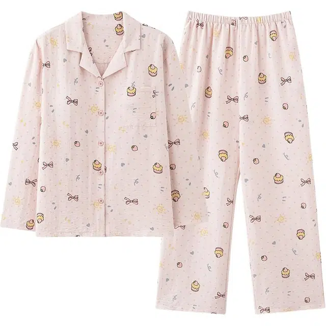 俏佳人 云朵棉系列 翻领开衫甜美满印亲肤舒适透气宽松休闲长袖长裤家居服睡衣套装 女款