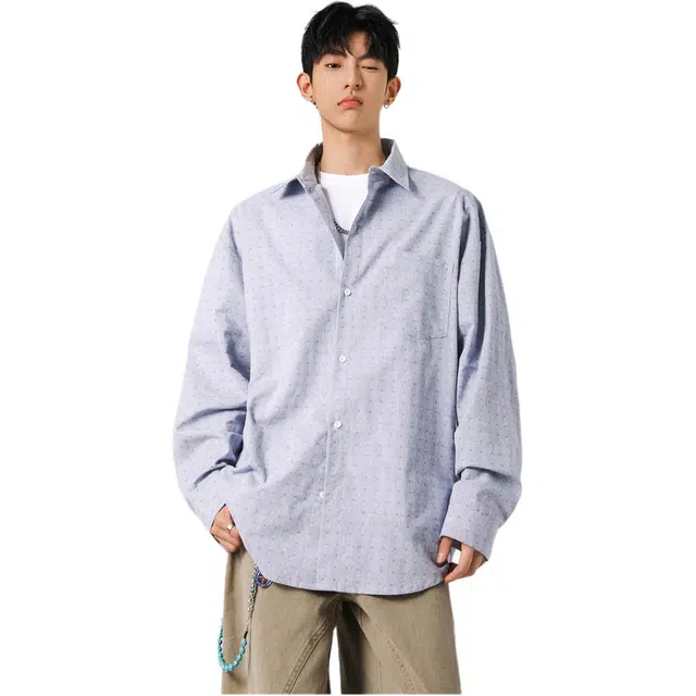 颂希尔 复古肌理感纯色泡泡纱长袖男潮牌宽松百搭薄款衬衣衬衫 男女同款