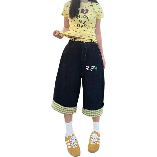 囍鱼少女 美式复古街头格纹拼接七分裤男女夏季显瘦百搭阔腿牛仔短裤 女款