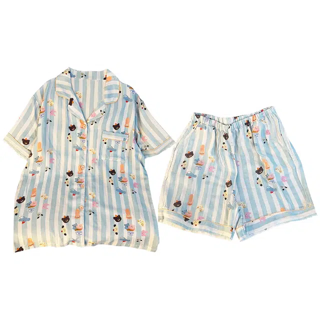 俏韵 翻领卡通条纹夏季云朵棉甜美可爱短袖舒适薄款家居服可外穿睡衣套装 女款