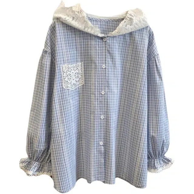 桴生 格子纽扣蕾丝宽松长袖衬衫 女款