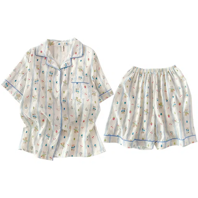 俏韵 翻领卡通夏季云朵棉甜美可爱短袖短裤舒适薄款家居服可外穿睡衣套装 女款