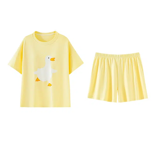 俏霓桐 夏季可爱少女卡通小黄鸭甜美简约休闲带胸垫家居服可外穿睡衣套装 女款