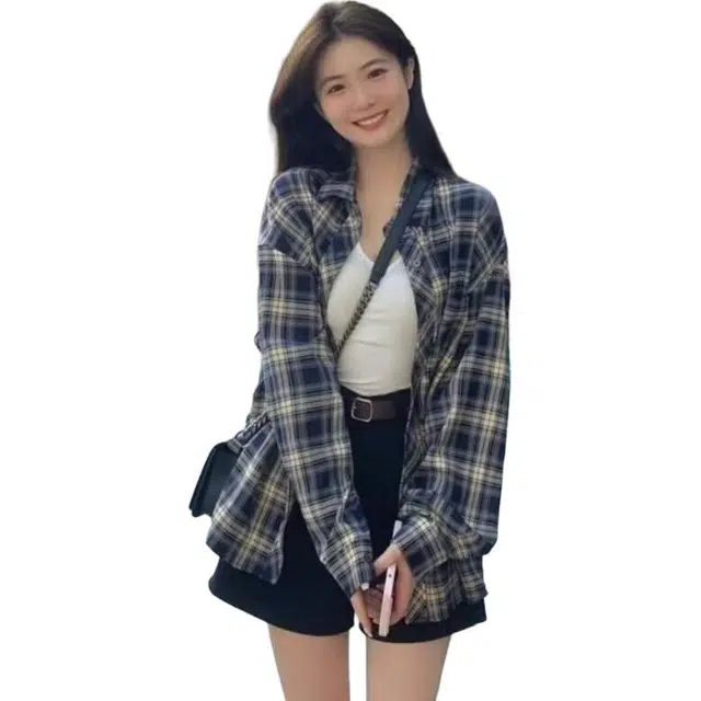 颂希尔 复古美式慵懒宽松休闲防晒翻领格子长袖衬衫 男女同款