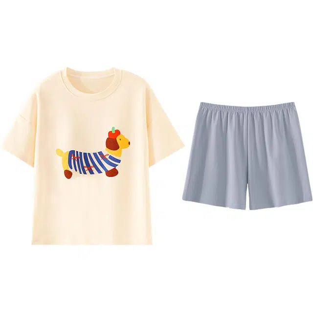 俏霓桐 夏季甜美简约纯色可爱卡通腊肠狗透气舒适带胸垫家居服可外穿睡衣套装 女款