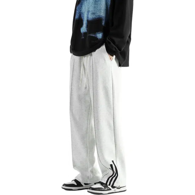 帝狼牛 美式复古基础高街潮牌卫裤阔腿裤户外山系机能风百搭系带脚口抽绳可拖地宽松直筒针织休闲裤 男女同款