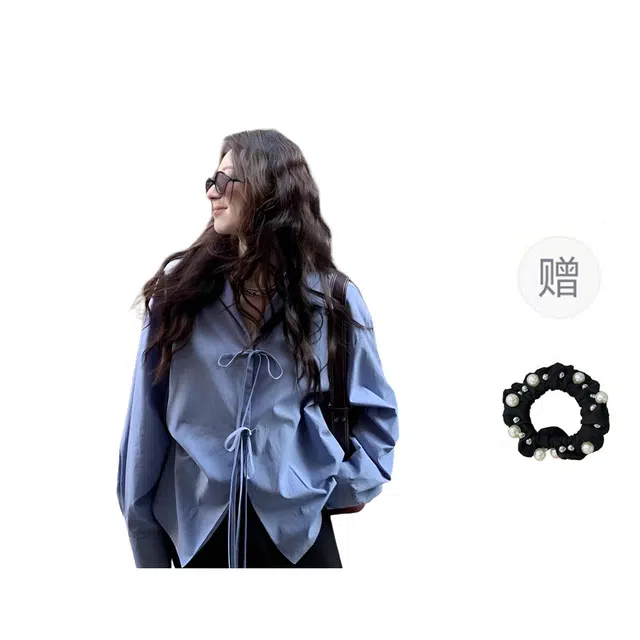 雾闪闪 天丝莱赛尔棉设计感翻领蝴蝶结系带女衬衫 女款