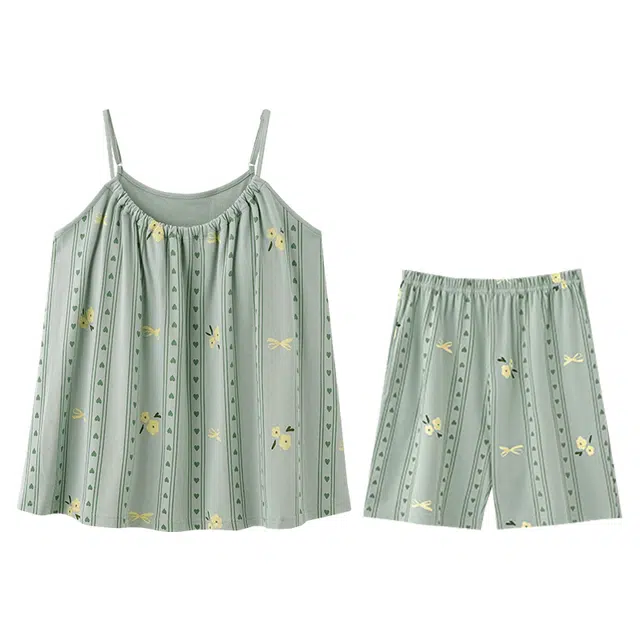 向薇 带胸垫一体夏季无袖女士吊带短裤薄款休闲家居服 睡衣套装 女款