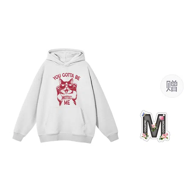 棉购 美式潮流时尚小猫连帽上衣宽松重磅春秋学院风舒适原创卫衣 男女同款