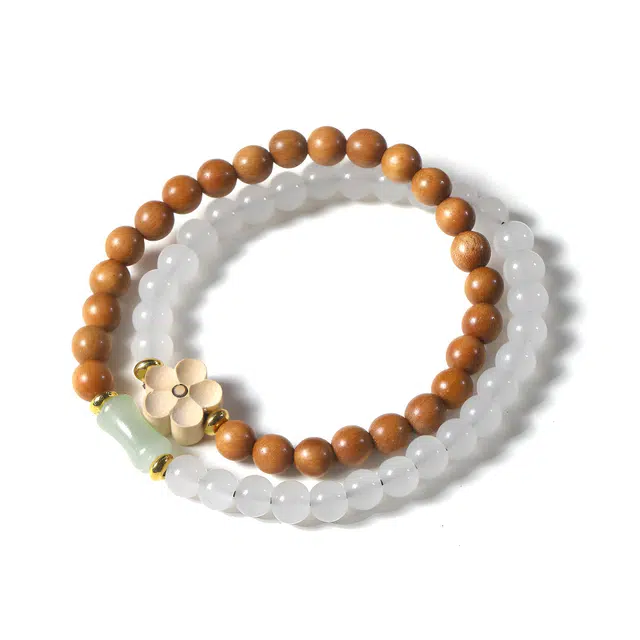 灵晔 国潮文玩潮流创意小众轻奢高级感双圈佛珠诸事顺利招财纳福转运珠复古盘玩念珠手饰#好运 檀木 手串 男女同款情侣款