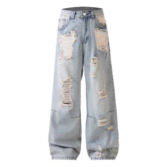 欧路得 小众高街设计感破洞弯刀男女夏季宽松显瘦休闲直筒拖地裤子牛仔裤 男款