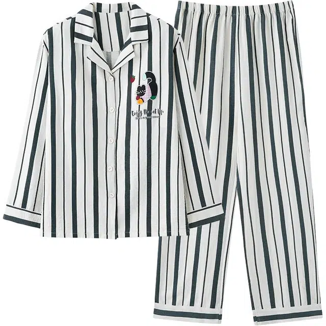 俏佳人 云朵棉系列 翻领开衫小猫条纹亲肤舒适透气宽松休闲长袖长裤家居服睡衣套装 女款