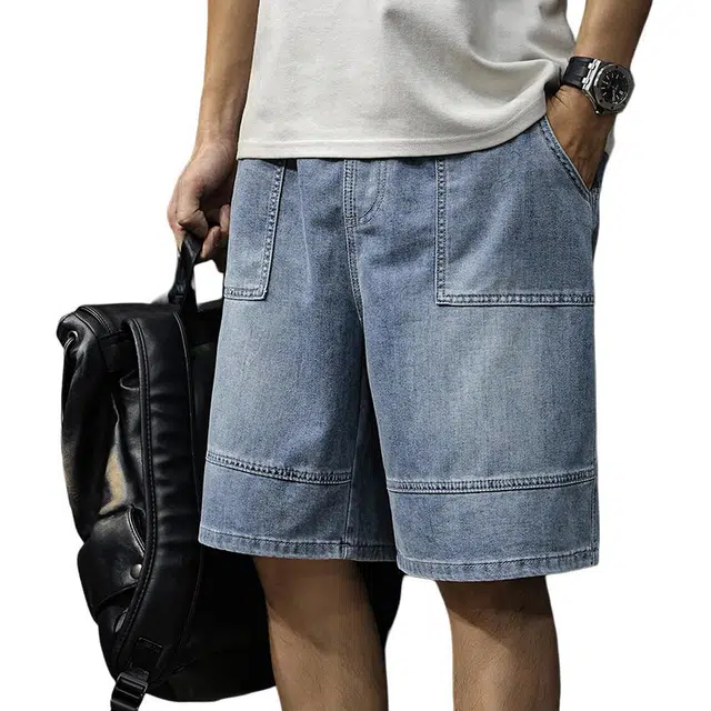 前进牛 经典轻复古潮牌学院运动风薄款美式潮流宽松松紧腰拼接五分牛仔短裤 男女同款