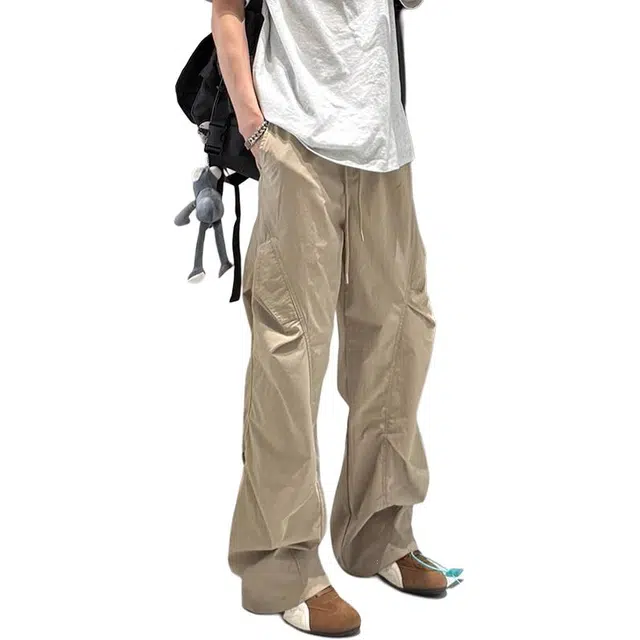 单爵 褶皱速干伞兵裤薄款美式斜切阔腿微喇裤长裤休闲裤 男女同款
