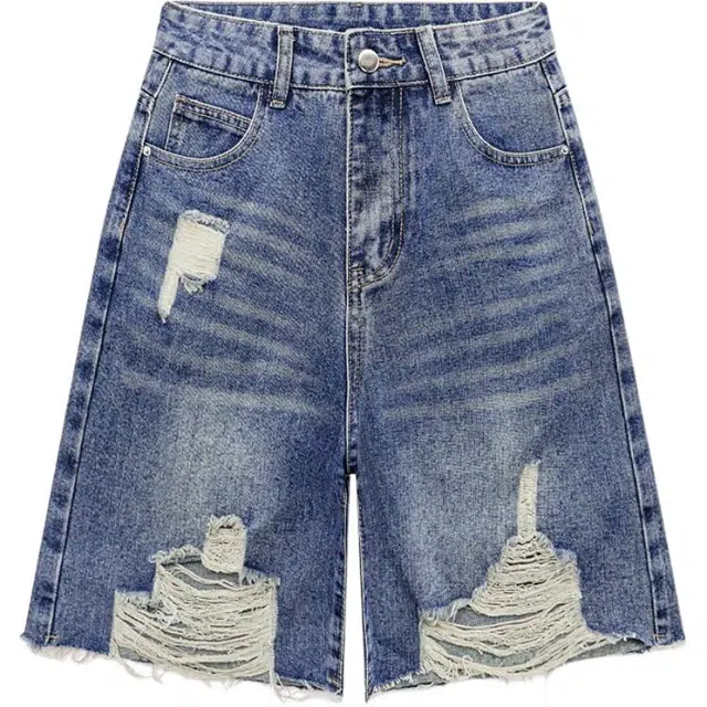 囍鱼少女 美式复古休闲潮流破洞设计调节扣五分 裤女中裤牛仔短裤 女款