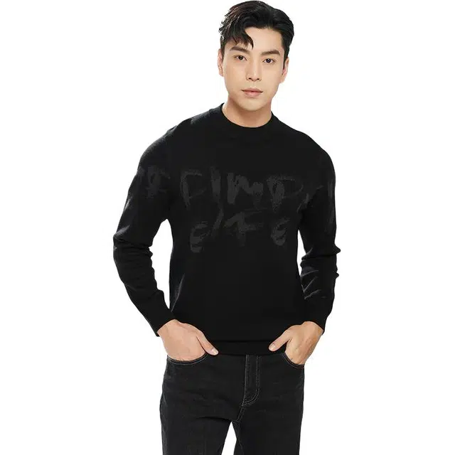 古鲨 黑色绵羊毛衫字母印花潮流艺术保暖圆领针织衫 男款