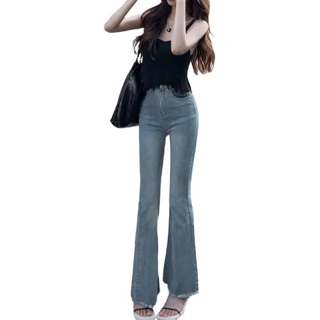 囍鱼少女 气质性感千禧辣妹高腰毛边微喇裤弹力喇叭长裤牛仔裤 女款