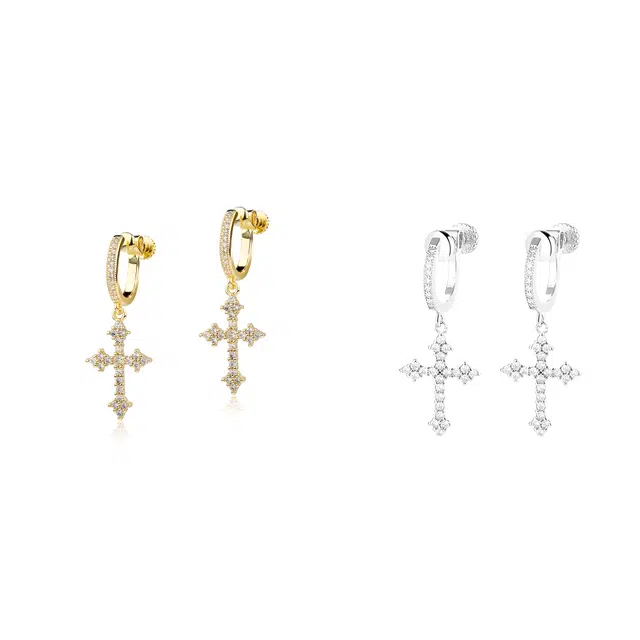 华髻 美式高级时尚小众设计感嘻哈潮流菱形十字架 欧美风痞帅轻奢设计高级满钻耳坠#好运 日常休闲百搭 锆石 耳环 男女同款情侣款