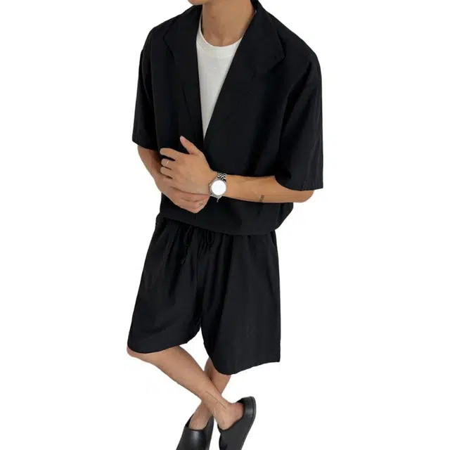 单爵 极简老钱风短袖薄款棉麻短裤衬衫套装 男女同款